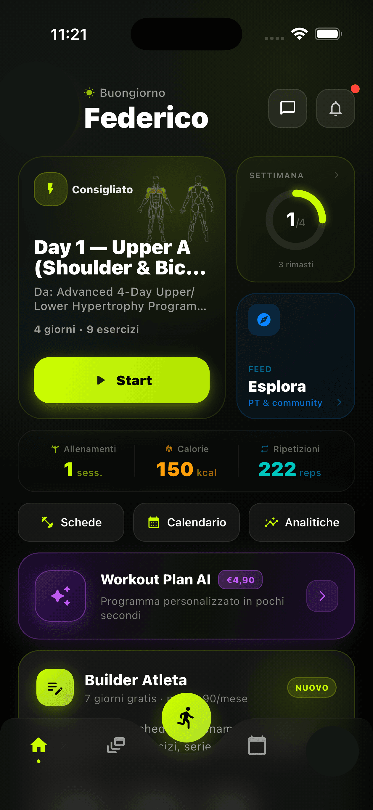 WO App — home atleta con piano AI